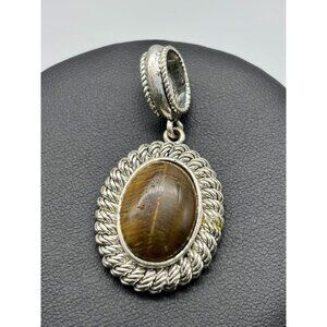 Vintage Avon Tiger Eye Oval Silver Tone Pendant With Twisted Rope Design Signed~